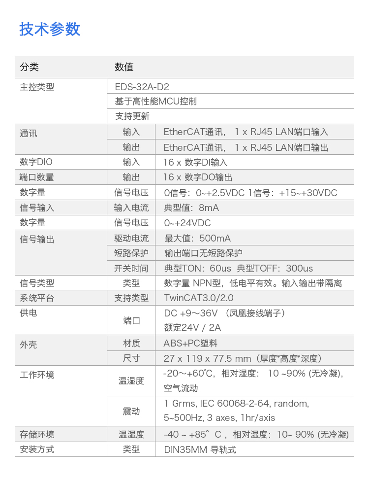 EDS-32A-D2 工业以太网EtherCAT总线 I/O模块 16入16出